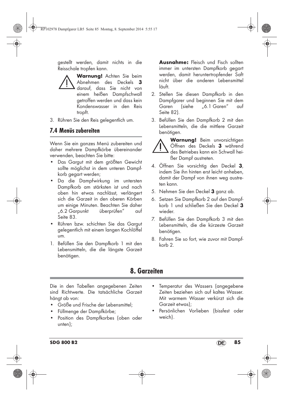 Garzeiten, 4 menüs zubereiten | Silvercrest SDG 800 B2 User Manual | Page 87 / 98