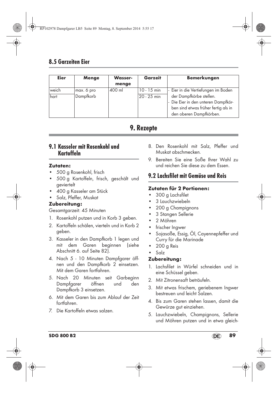 Rezepte, 5 garzeiten eier, 1 kasseler mit rosenkohl und kartoffeln | 2 lachsfilet mit gemüse und reis | Silvercrest SDG 800 B2 User Manual | Page 91 / 98