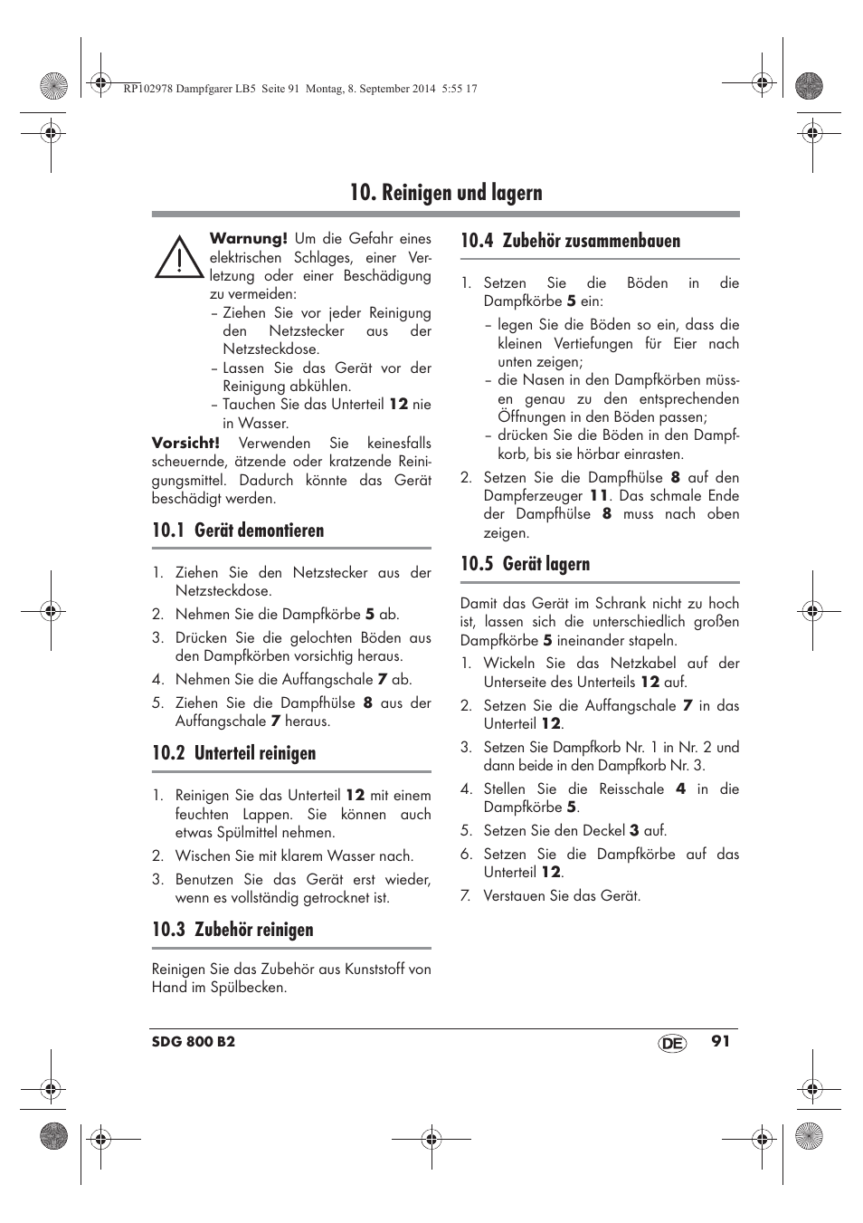 Reinigen und lagern, 1 gerät demontieren, 2 unterteil reinigen | 3 zubehör reinigen, 4 zubehör zusammenbauen, 5 gerät lagern | Silvercrest SDG 800 B2 User Manual | Page 93 / 98