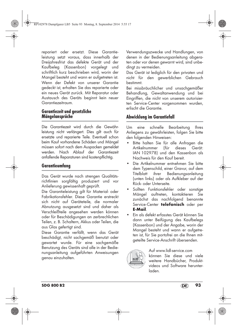 Garantiezeit und gesetzliche mängelansprüche, Garantieumfang, Abwicklung im garantiefall | Silvercrest SDG 800 B2 User Manual | Page 95 / 98