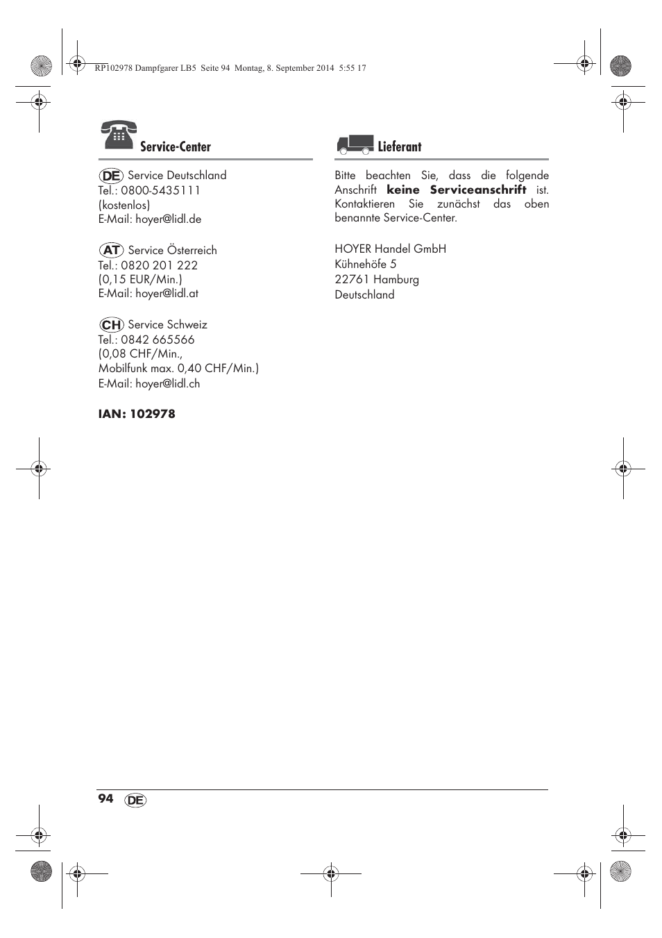 Service-center, Lieferant | Silvercrest SDG 800 B2 User Manual | Page 96 / 98