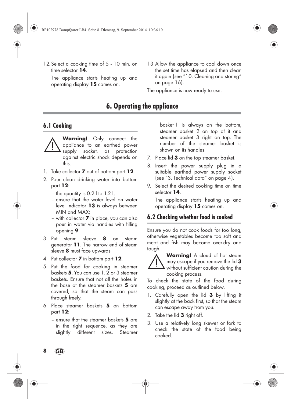 Operating the appliance, 1 cooking, 2 checking whether food is cooked | Silvercrest SDG 800 B2 User Manual | Page 10 / 130