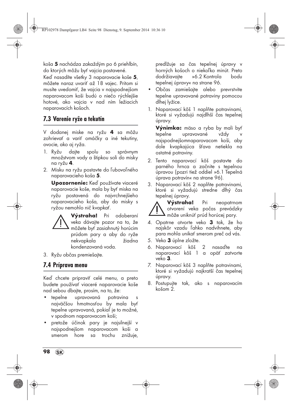 3 varenie ryže a tekutín, 4 príprava menu | Silvercrest SDG 800 B2 User Manual | Page 100 / 130