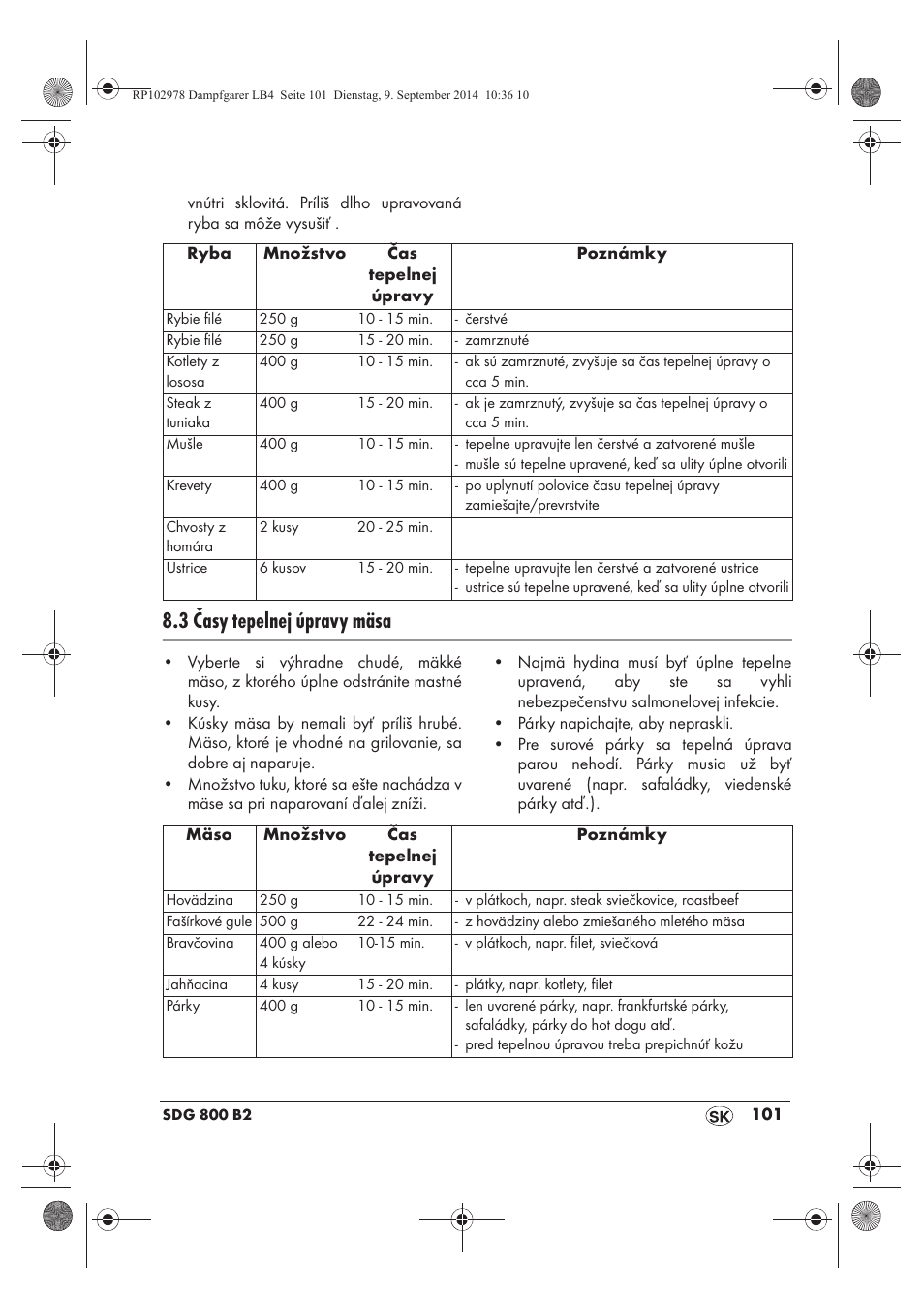 3 časy tepelnej úpravy mäsa | Silvercrest SDG 800 B2 User Manual | Page 103 / 130