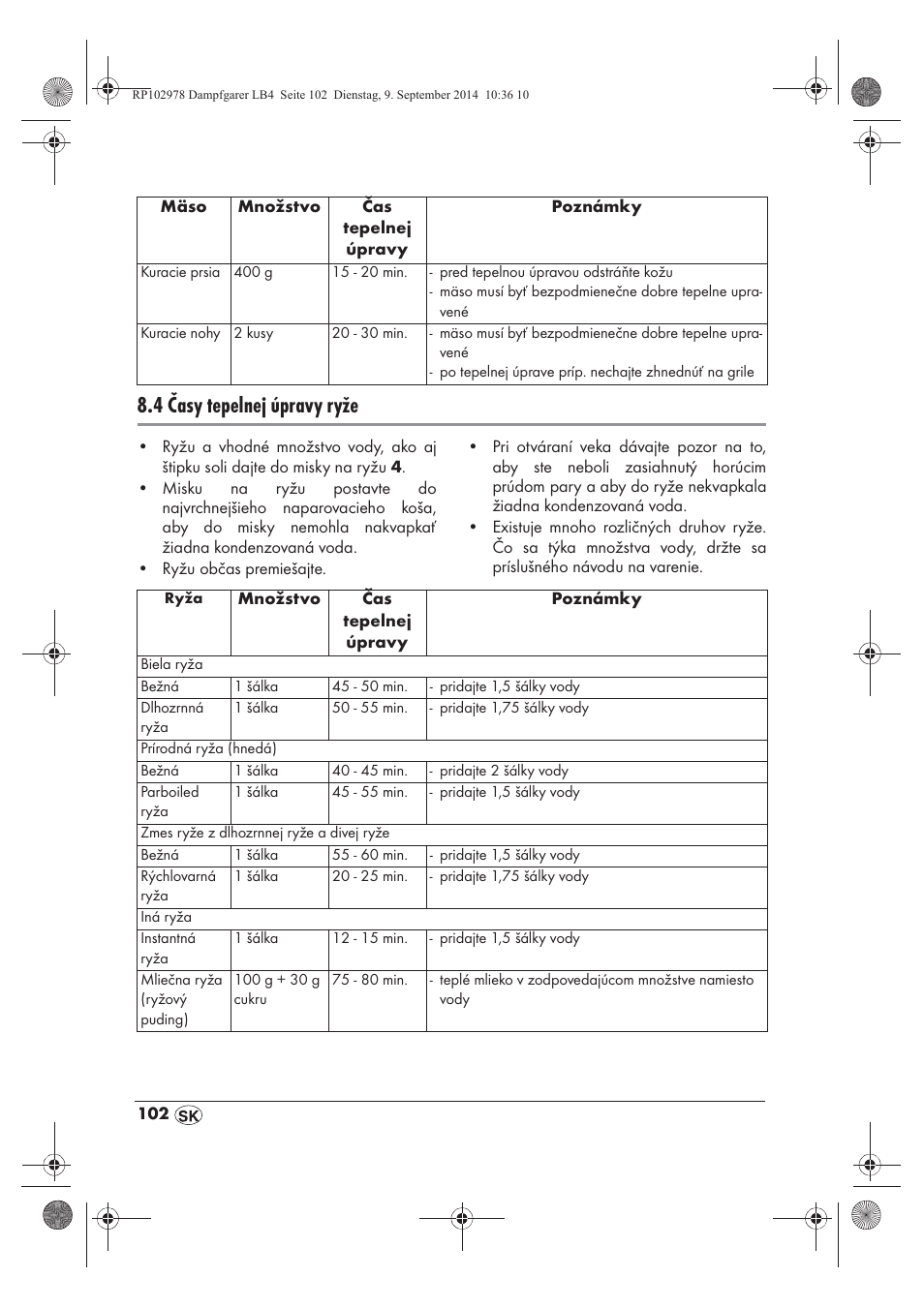 4 časy tepelnej úpravy ryže | Silvercrest SDG 800 B2 User Manual | Page 104 / 130