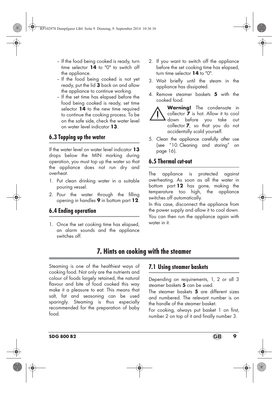 Hints on cooking with the steamer, 3 topping up the water, 4 ending operation | 5 thermal cut-out, 1 using steamer baskets | Silvercrest SDG 800 B2 User Manual | Page 11 / 130