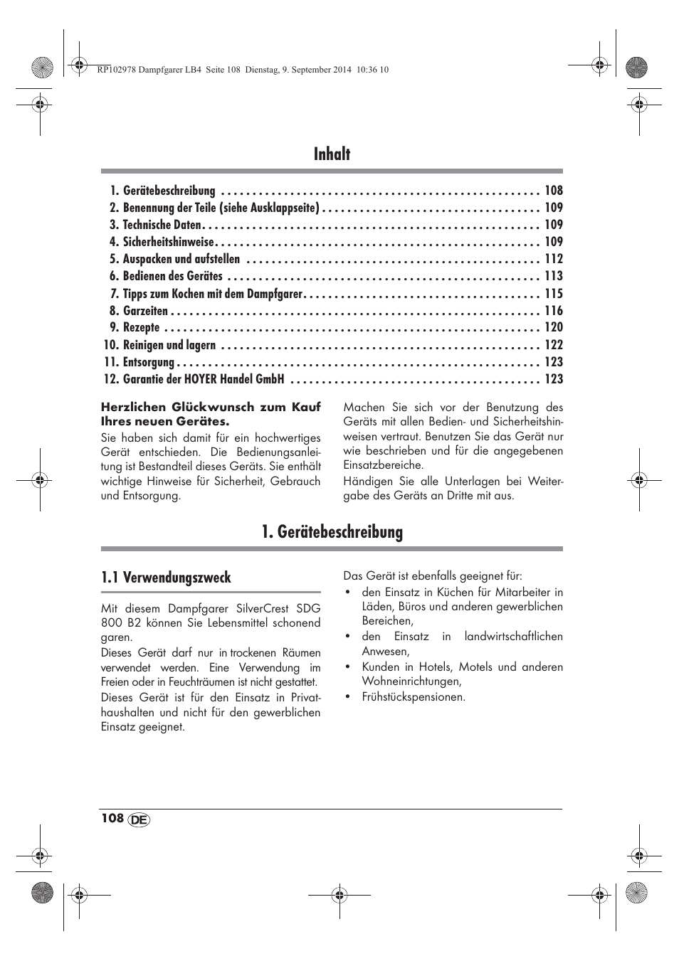 Inhalt, Gerätebeschreibung, 1 verwendungszweck | Silvercrest SDG 800 B2 User Manual | Page 110 / 130