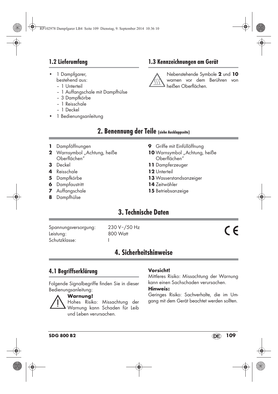 Benennung der teile, Technische daten, Sicherheitshinweise | 2 lieferumfang, 3 kennzeichnungen am gerät, 1 begriffserklärung | Silvercrest SDG 800 B2 User Manual | Page 111 / 130