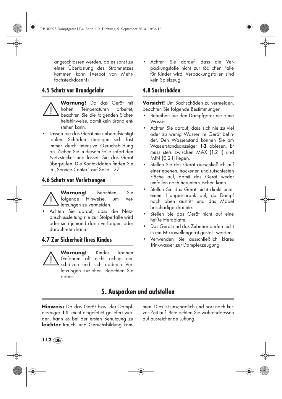 Auspacken und aufstellen, 5 schutz vor brandgefahr, 6 schutz vor verletzungen | 7 zur sicherheit ihres kindes, 8 sachschäden | Silvercrest SDG 800 B2 User Manual | Page 114 / 130