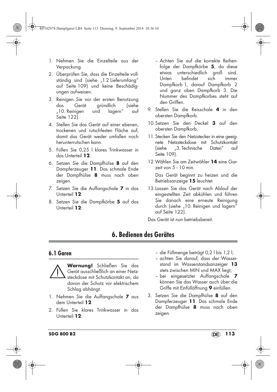 Bedienen des gerätes, 1 garen | Silvercrest SDG 800 B2 User Manual | Page 115 / 130