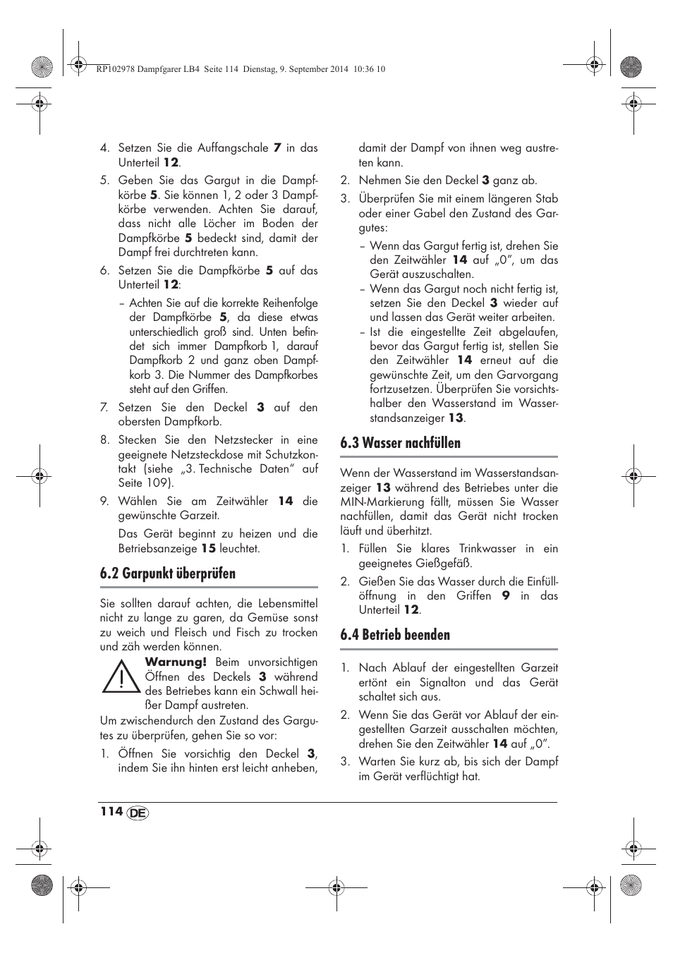 2 garpunkt überprüfen, 3 wasser nachfüllen, 4 betrieb beenden | Silvercrest SDG 800 B2 User Manual | Page 116 / 130