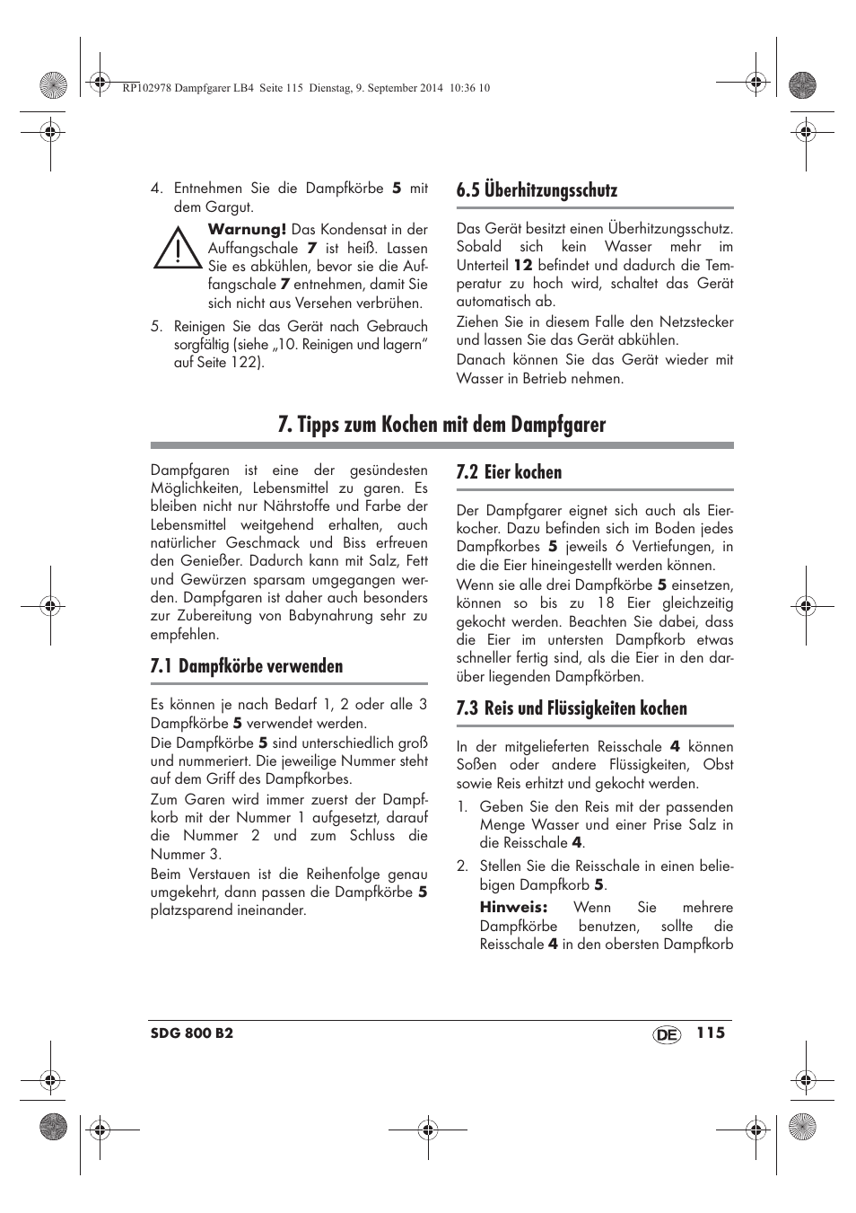 Tipps zum kochen mit dem dampfgarer, 5 überhitzungsschutz, 1 dampfkörbe verwenden | 2 eier kochen, 3 reis und flüssigkeiten kochen | Silvercrest SDG 800 B2 User Manual | Page 117 / 130