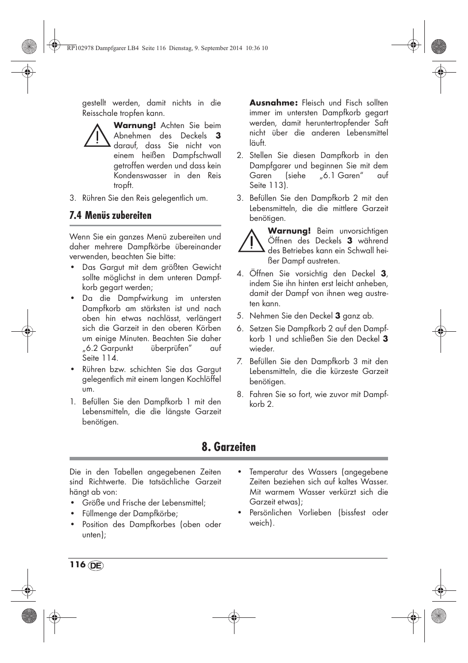 Garzeiten, 4 menüs zubereiten | Silvercrest SDG 800 B2 User Manual | Page 118 / 130