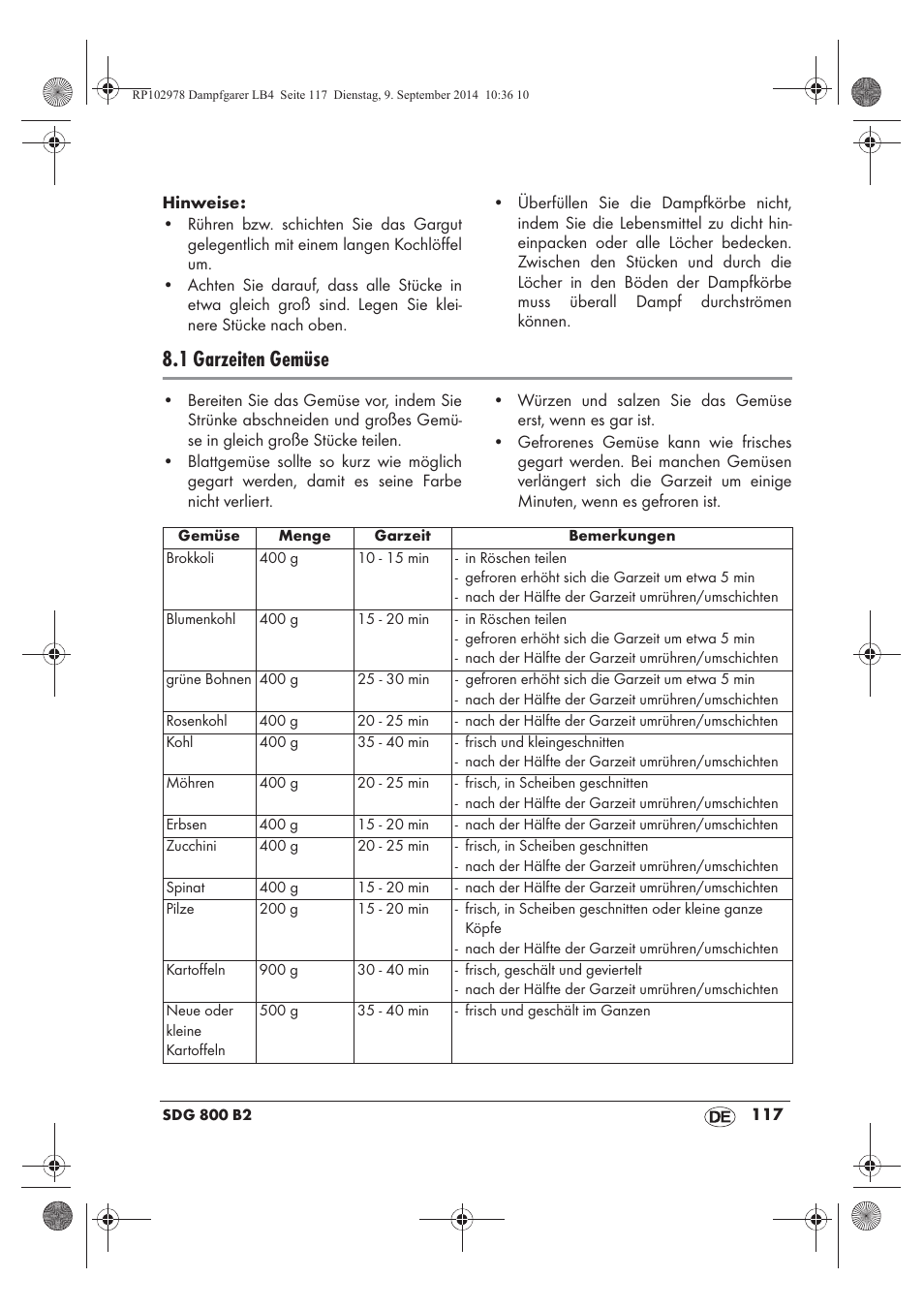 1 garzeiten gemüse | Silvercrest SDG 800 B2 User Manual | Page 119 / 130