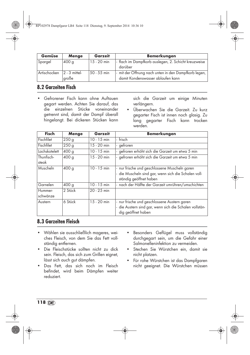 2 garzeiten fisch, 3 garzeiten fleisch | Silvercrest SDG 800 B2 User Manual | Page 120 / 130
