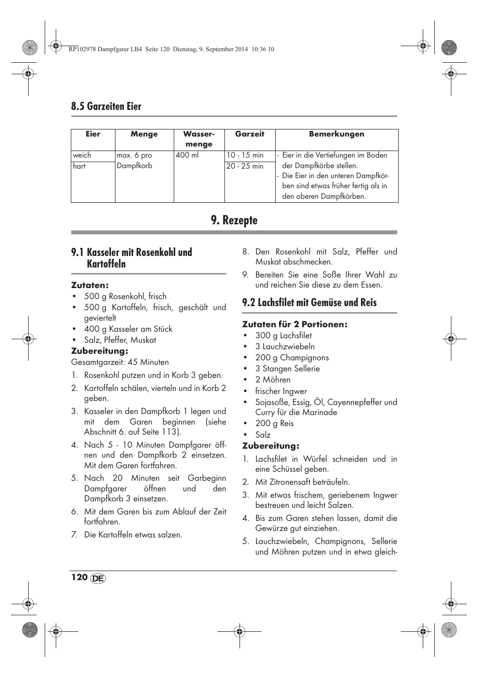 Rezepte, 5 garzeiten eier, 1 kasseler mit rosenkohl und kartoffeln | 2 lachsfilet mit gemüse und reis | Silvercrest SDG 800 B2 User Manual | Page 122 / 130