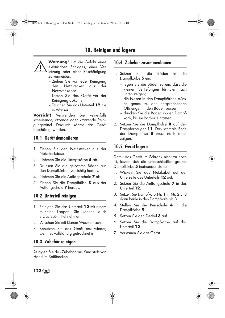 Reinigen und lagern, 1 gerät demontieren, 2 unterteil reinigen | 3 zubehör reinigen, 4 zubehör zusammenbauen, 5 gerät lagern | Silvercrest SDG 800 B2 User Manual | Page 124 / 130