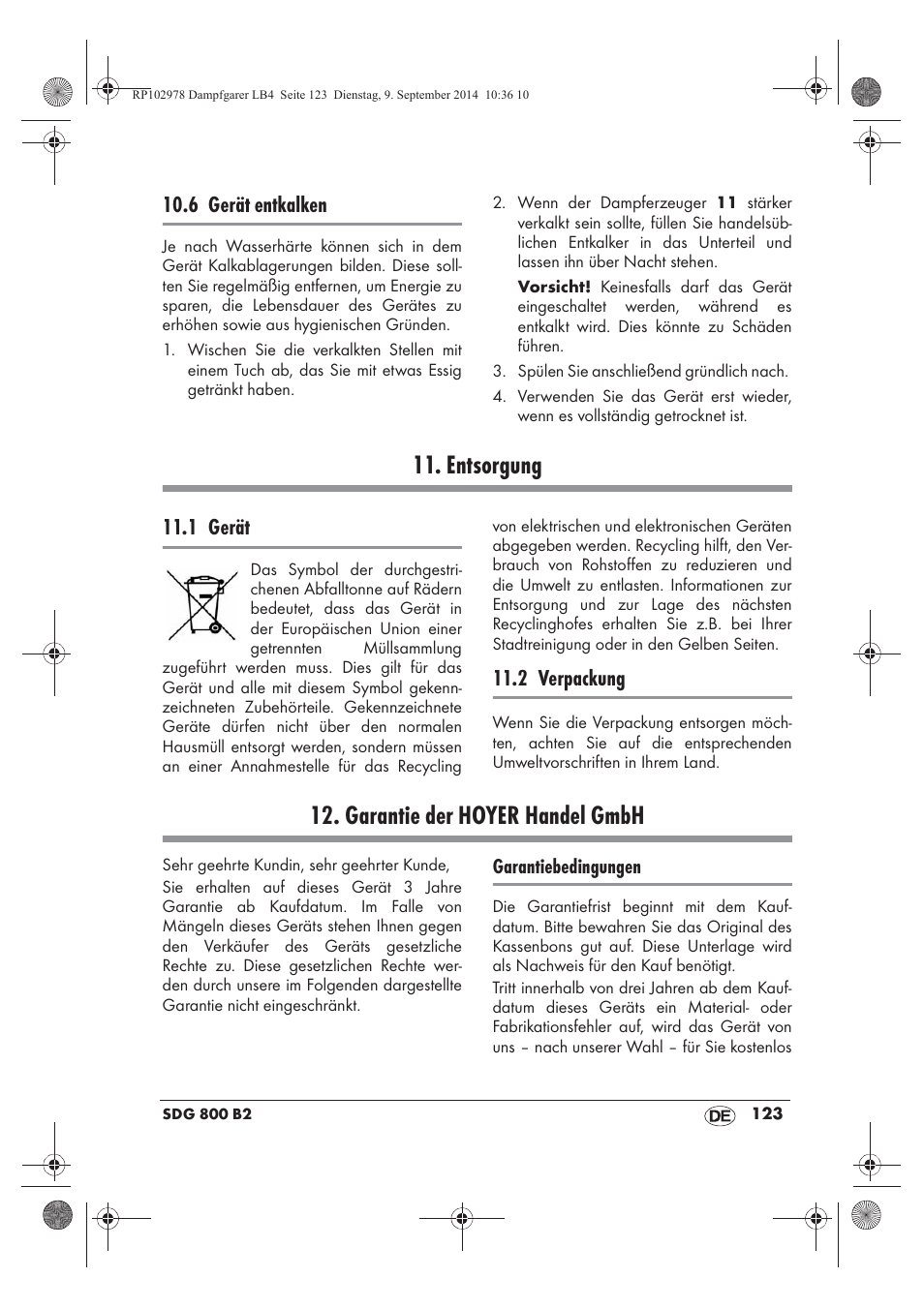 Entsorgung, Garantie der hoyer handel gmbh, 6 gerät entkalken | 1 gerät, 2 verpackung | Silvercrest SDG 800 B2 User Manual | Page 125 / 130