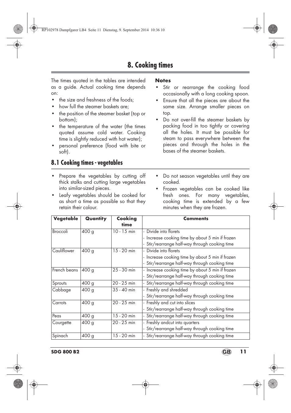 Cooking times, 1 cooking times - vegetables | Silvercrest SDG 800 B2 User Manual | Page 13 / 130