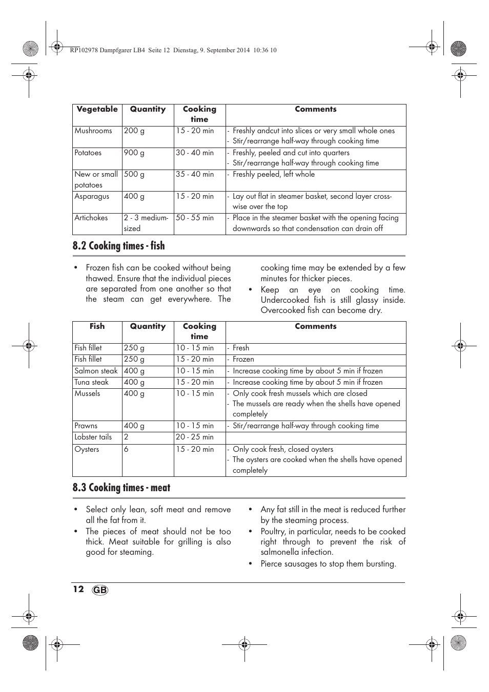 2 cooking times - fish, 3 cooking times - meat | Silvercrest SDG 800 B2 User Manual | Page 14 / 130