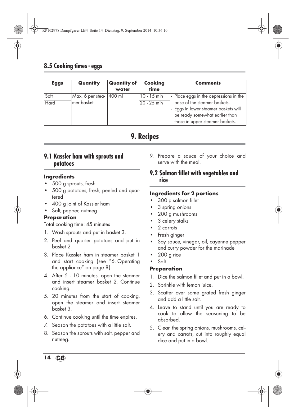 Recipes, 5 cooking times - eggs, 1 kassler ham with sprouts and potatoes | 2 salmon fillet with vegetables and rice | Silvercrest SDG 800 B2 User Manual | Page 16 / 130
