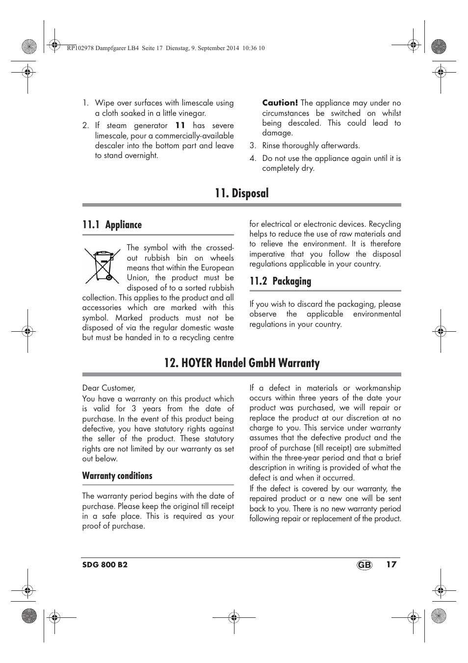 Disposal, Hoyer handel gmbh warranty, 1 appliance | 2 packaging | Silvercrest SDG 800 B2 User Manual | Page 19 / 130