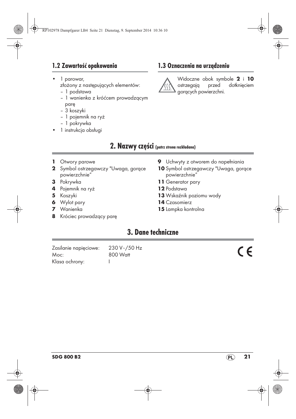 Nazwy części, Dane techniczne, 2 zawartość opakowania | 3 oznaczenia na urządzeniu | Silvercrest SDG 800 B2 User Manual | Page 23 / 130