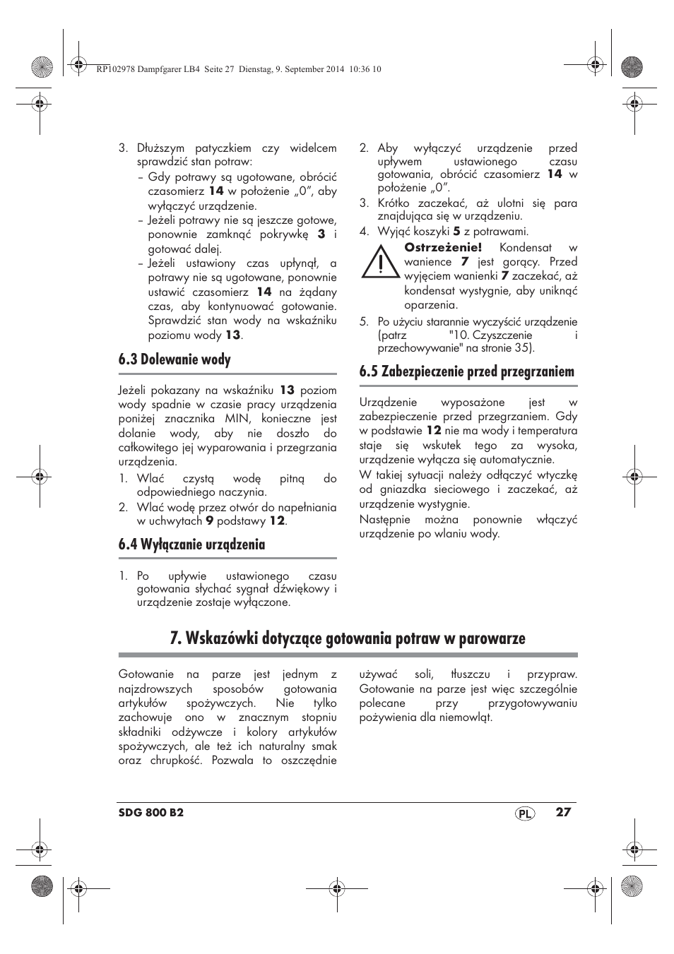 Wskazówki dotyczące gotowania potraw w parowarze, 3 dolewanie wody, 4 wyłączanie urządzenia | 5 zabezpieczenie przed przegrzaniem | Silvercrest SDG 800 B2 User Manual | Page 29 / 130