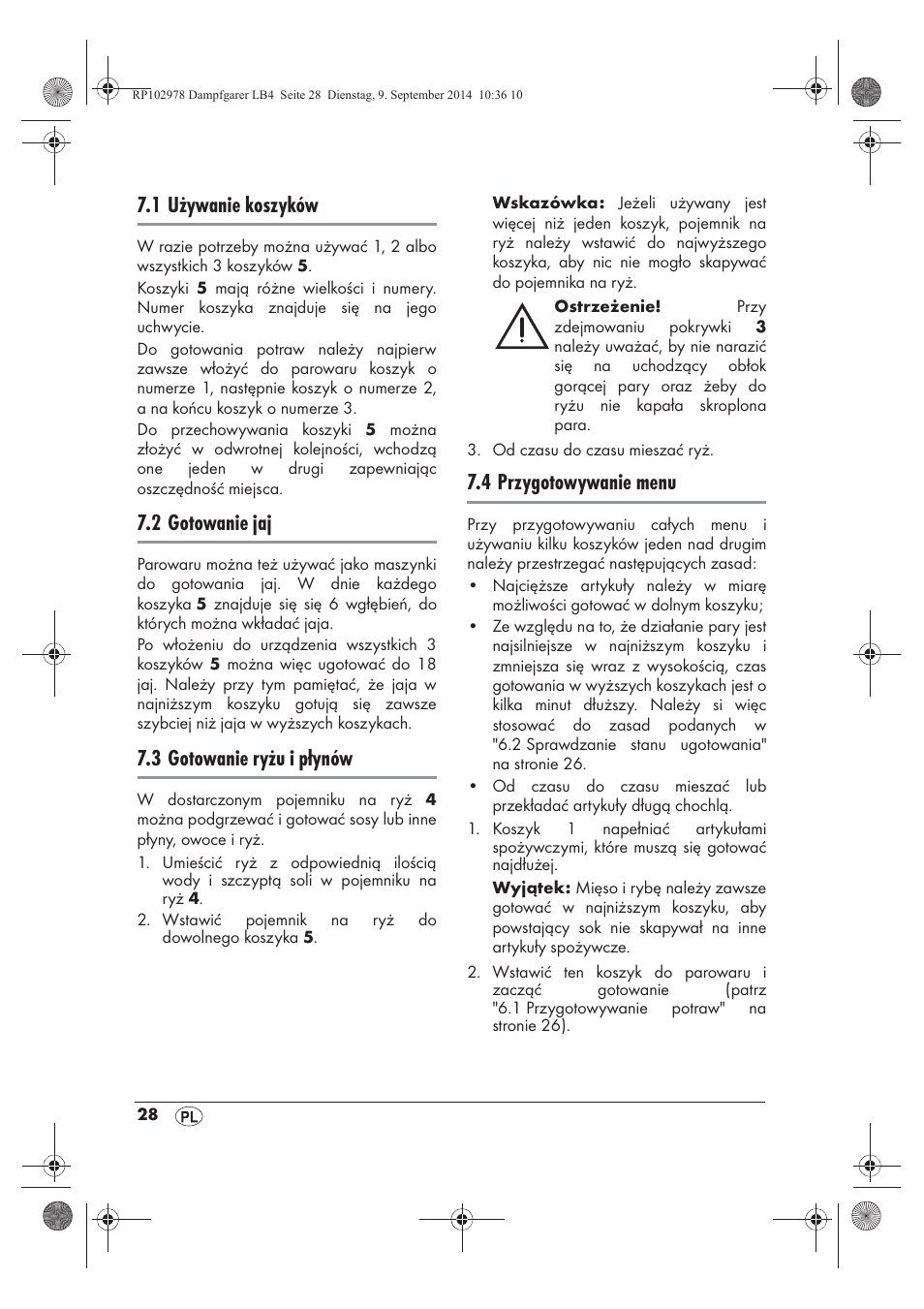 1 używanie koszyków, 2 gotowanie jaj, 3 gotowanie ryżu i płynów | 4 przygotowywanie menu | Silvercrest SDG 800 B2 User Manual | Page 30 / 130