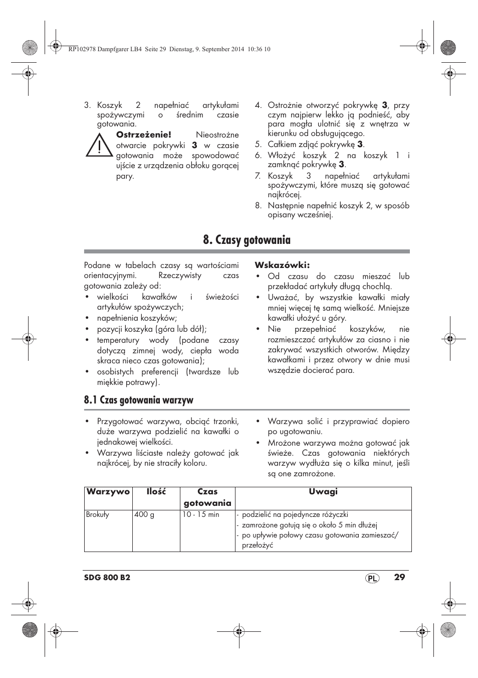 Czasy gotowania, 1 czas gotowania warzyw | Silvercrest SDG 800 B2 User Manual | Page 31 / 130