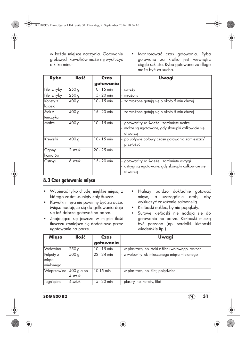 3 czas gotowania mięsa | Silvercrest SDG 800 B2 User Manual | Page 33 / 130