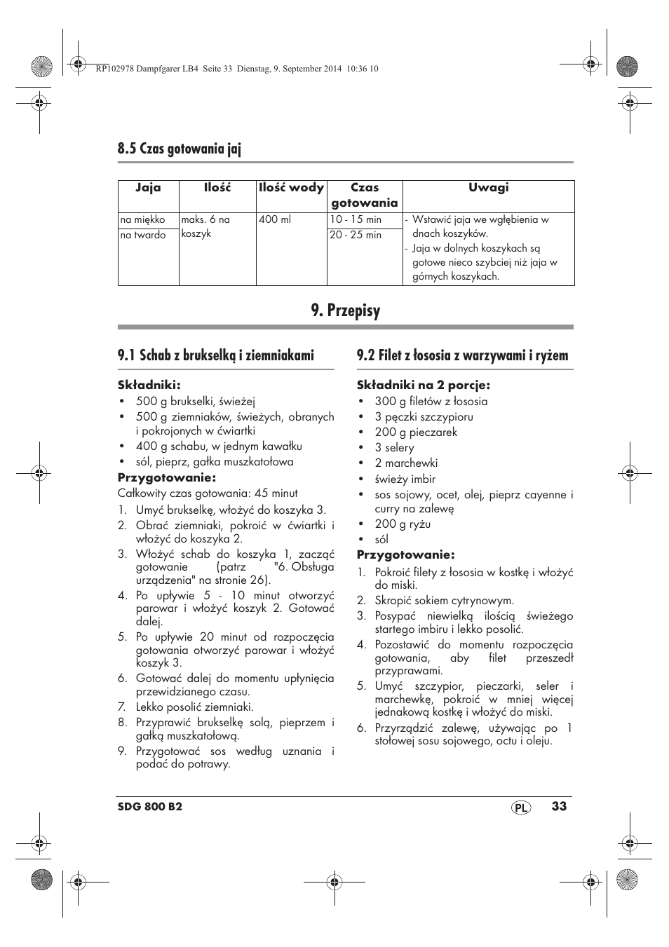 Przepisy, 5 czas gotowania jaj, 1 schab z brukselką i ziemniakami | 2 filet z łososia z warzywami i ryżem | Silvercrest SDG 800 B2 User Manual | Page 35 / 130