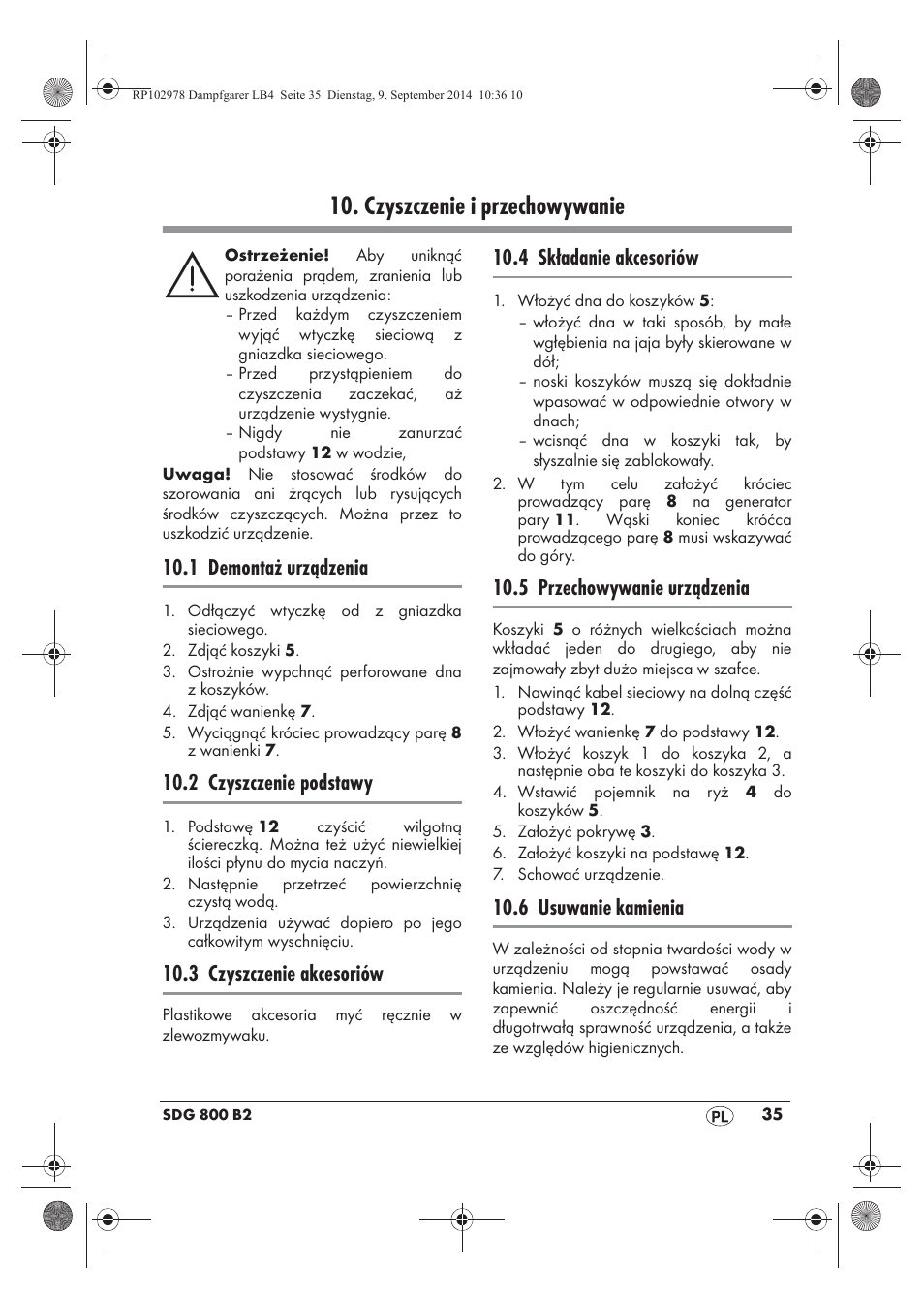 Czyszczenie i przechowywanie, 1 demontaż urządzenia, 2 czyszczenie podstawy | 3 czyszczenie akcesoriów, 4 składanie akcesoriów, 5 przechowywanie urządzenia, 6 usuwanie kamienia | Silvercrest SDG 800 B2 User Manual | Page 37 / 130