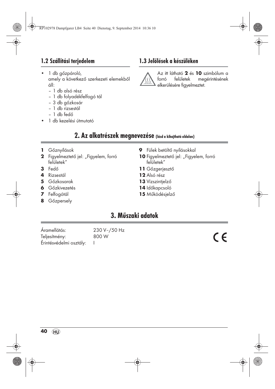 Az alkatrészek megnevezése, Műszaki adatok, 2 szállítási terjedelem | 3 jelölések a készüléken | Silvercrest SDG 800 B2 User Manual | Page 42 / 130