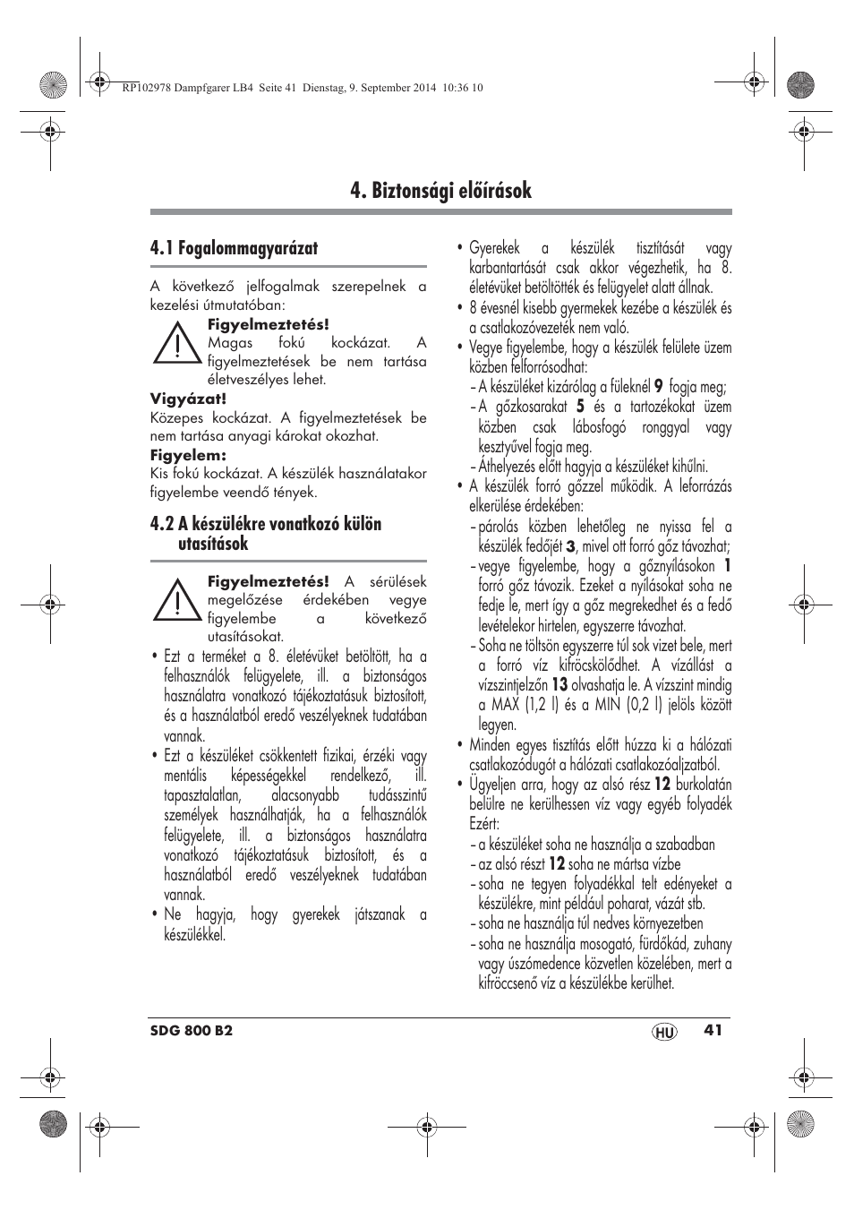 Biztonsági előírások | Silvercrest SDG 800 B2 User Manual | Page 43 / 130