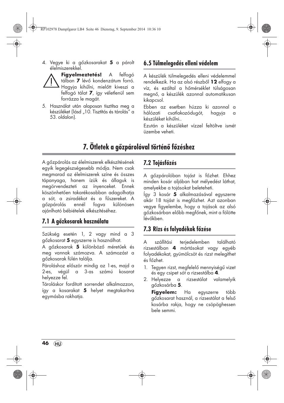 Ötletek a gőzpárolóval történő főzéshez, 5 túlmelegedés elleni védelem, 1 a gőzkosarak használata | 2 tojásfőzés, 3 rizs és folyadékok főzése | Silvercrest SDG 800 B2 User Manual | Page 48 / 130