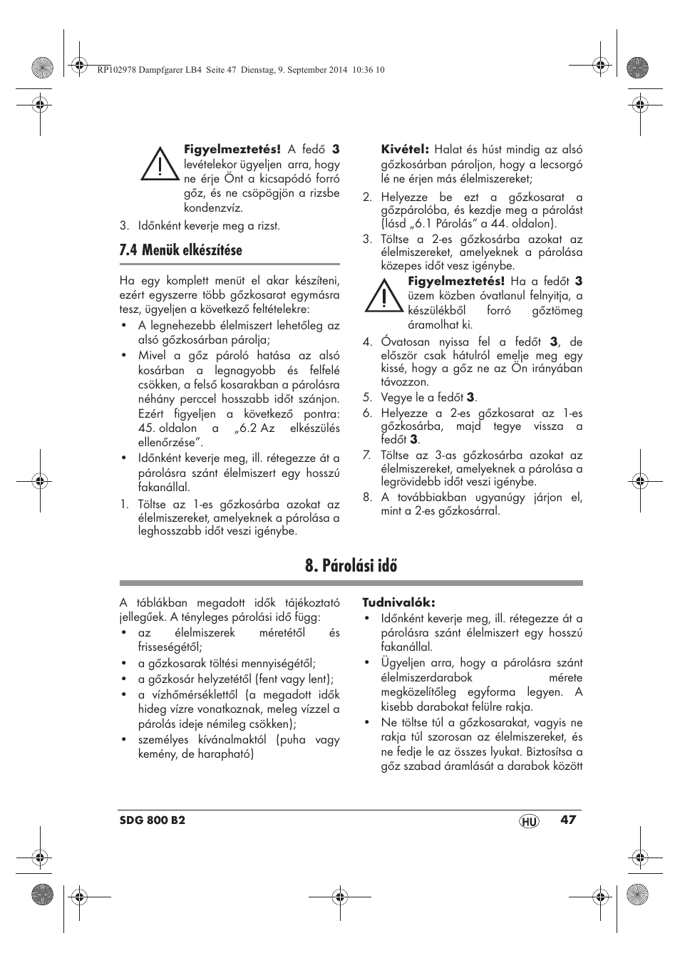 Párolási idő, 4 menük elkészítése | Silvercrest SDG 800 B2 User Manual | Page 49 / 130