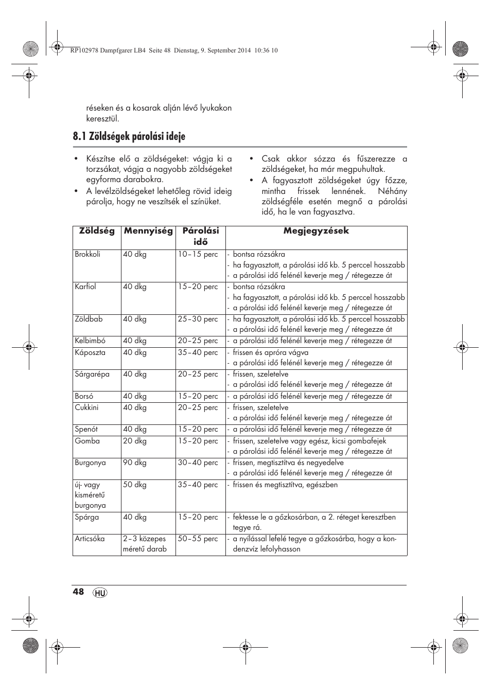 1 zöldségek párolási ideje | Silvercrest SDG 800 B2 User Manual | Page 50 / 130