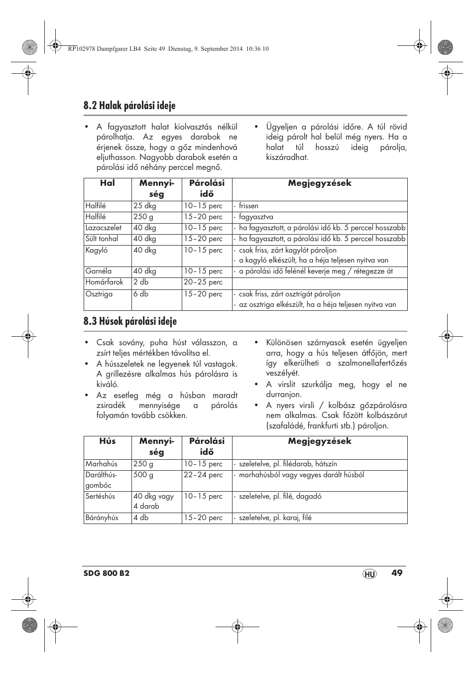 2 halak párolási ideje, 3 húsok párolási ideje | Silvercrest SDG 800 B2 User Manual | Page 51 / 130