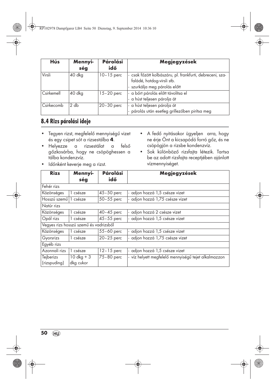 4 rizs párolási ideje | Silvercrest SDG 800 B2 User Manual | Page 52 / 130