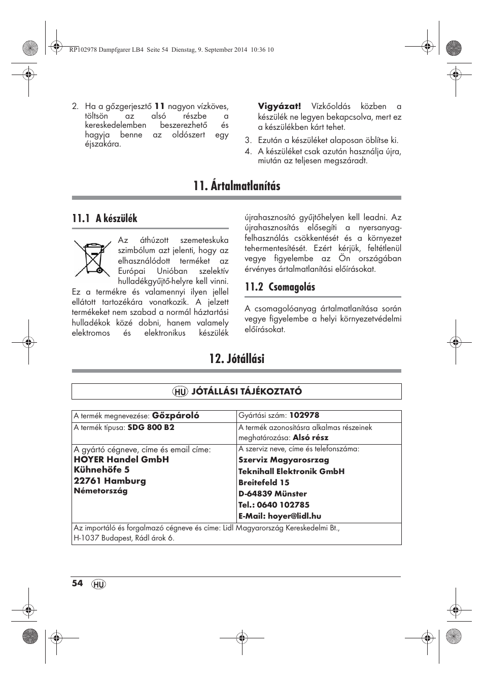 Ártalmatlanítás, Jótállási, 1 a készülék | 2 csomagolás | Silvercrest SDG 800 B2 User Manual | Page 56 / 130