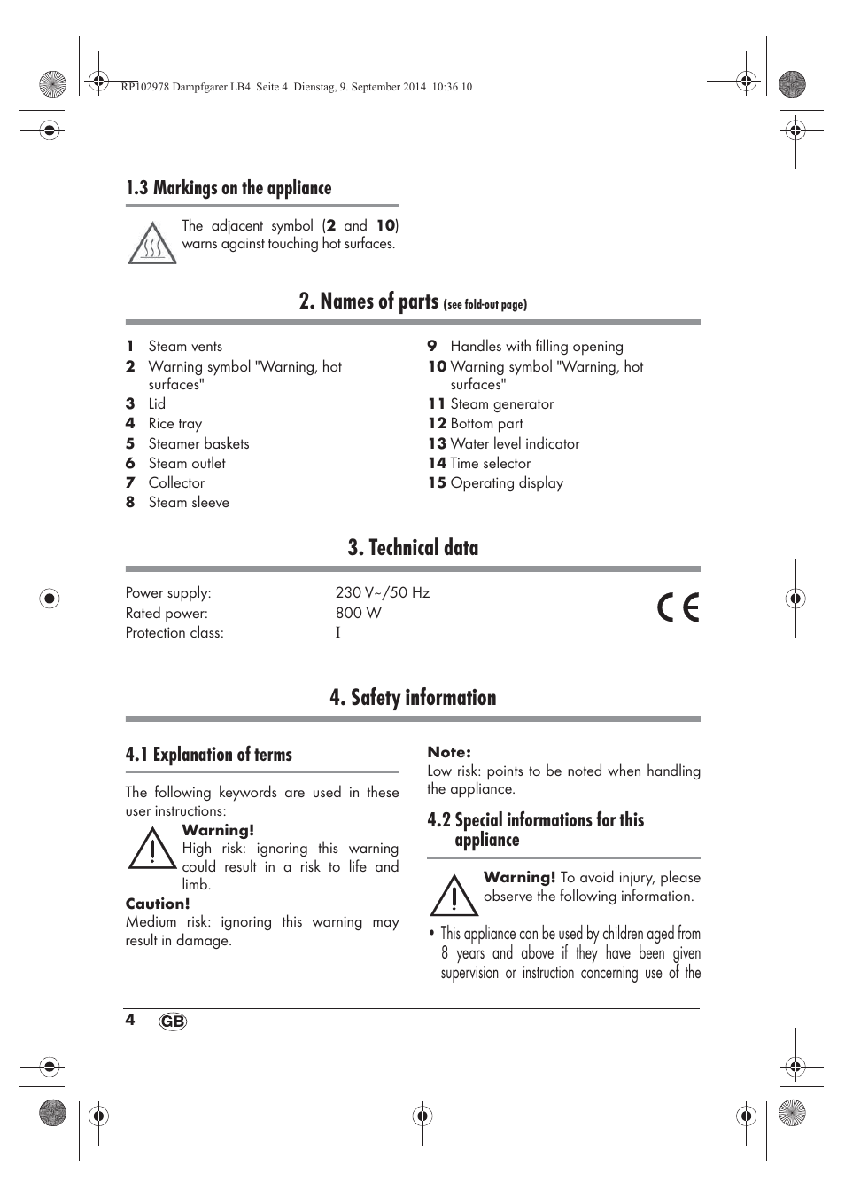 Names of parts, Technical data, Safety information | 3 markings on the appliance, 1 explanation of terms, 2 special informations for this appliance | Silvercrest SDG 800 B2 User Manual | Page 6 / 130