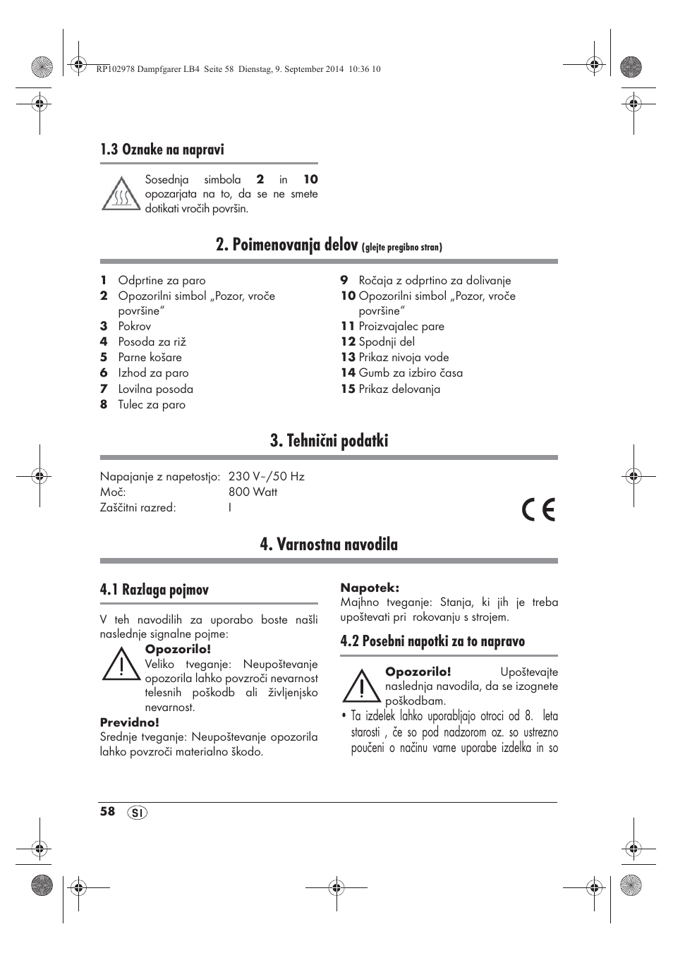 Poimenovanja delov, Tehnični podatki, Varnostna navodila | 3 oznake na napravi, 1 razlaga pojmov, 2 posebni napotki za to napravo | Silvercrest SDG 800 B2 User Manual | Page 60 / 130