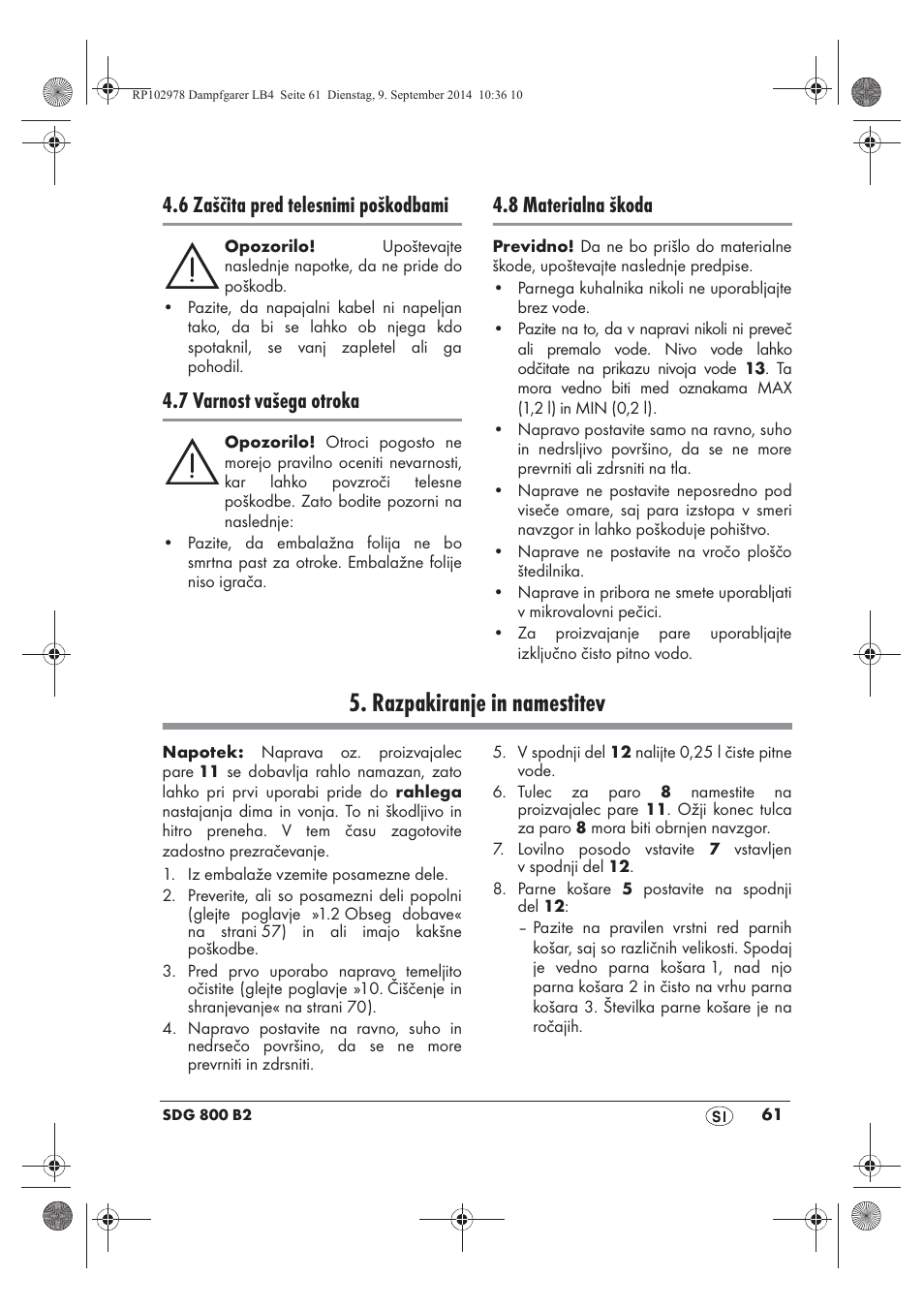 Razpakiranje in namestitev, 6 zaščita pred telesnimi poškodbami, 7 varnost vašega otroka | 8 materialna škoda | Silvercrest SDG 800 B2 User Manual | Page 63 / 130
