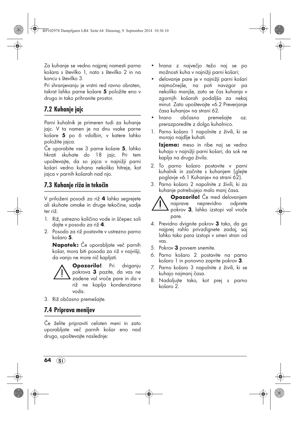 2 kuhanje jajc, 3 kuhanje riža in tekočin, 4 priprava menijev | Silvercrest SDG 800 B2 User Manual | Page 66 / 130