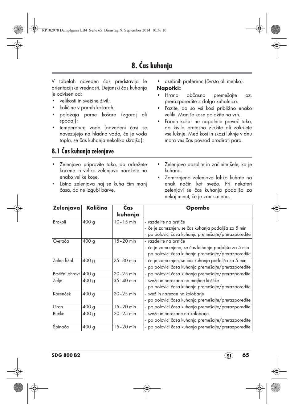 Čas kuhanja, 1 čas kuhanja zelenjave | Silvercrest SDG 800 B2 User Manual | Page 67 / 130
