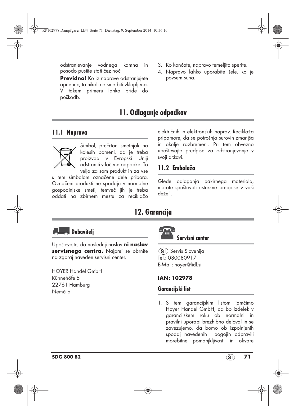 Odlaganje odpadkov, Garancija, 1 naprava | 2 embalaža | Silvercrest SDG 800 B2 User Manual | Page 73 / 130