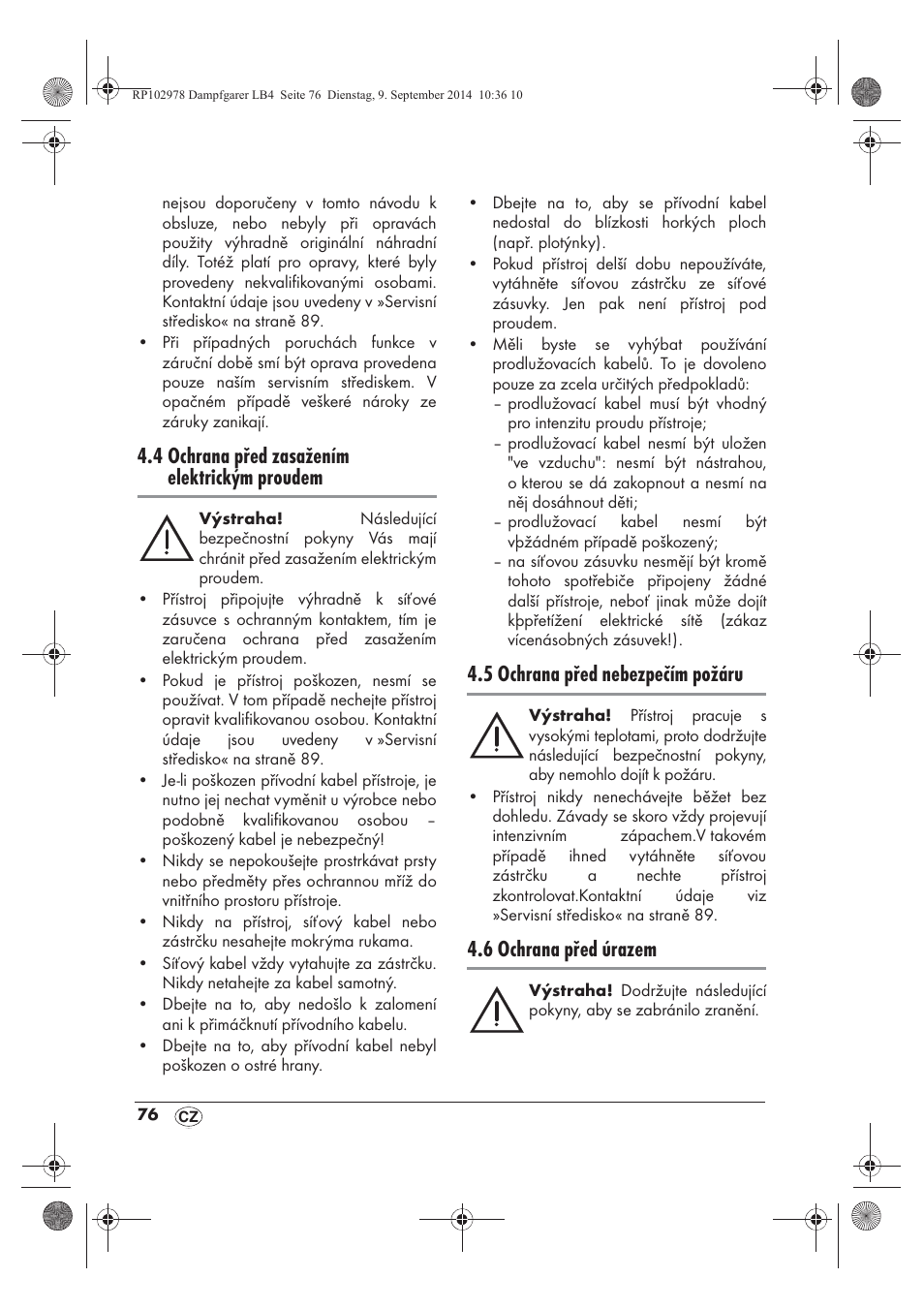 4 ochrana před zasažením elektrickým proudem, 5 ochrana před nebezpečím požáru, 6 ochrana před úrazem | Silvercrest SDG 800 B2 User Manual | Page 78 / 130