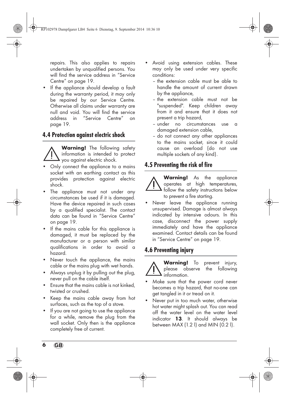 4 protection against electric shock, 5 preventing the risk of fire, 6 preventing injury | Silvercrest SDG 800 B2 User Manual | Page 8 / 130