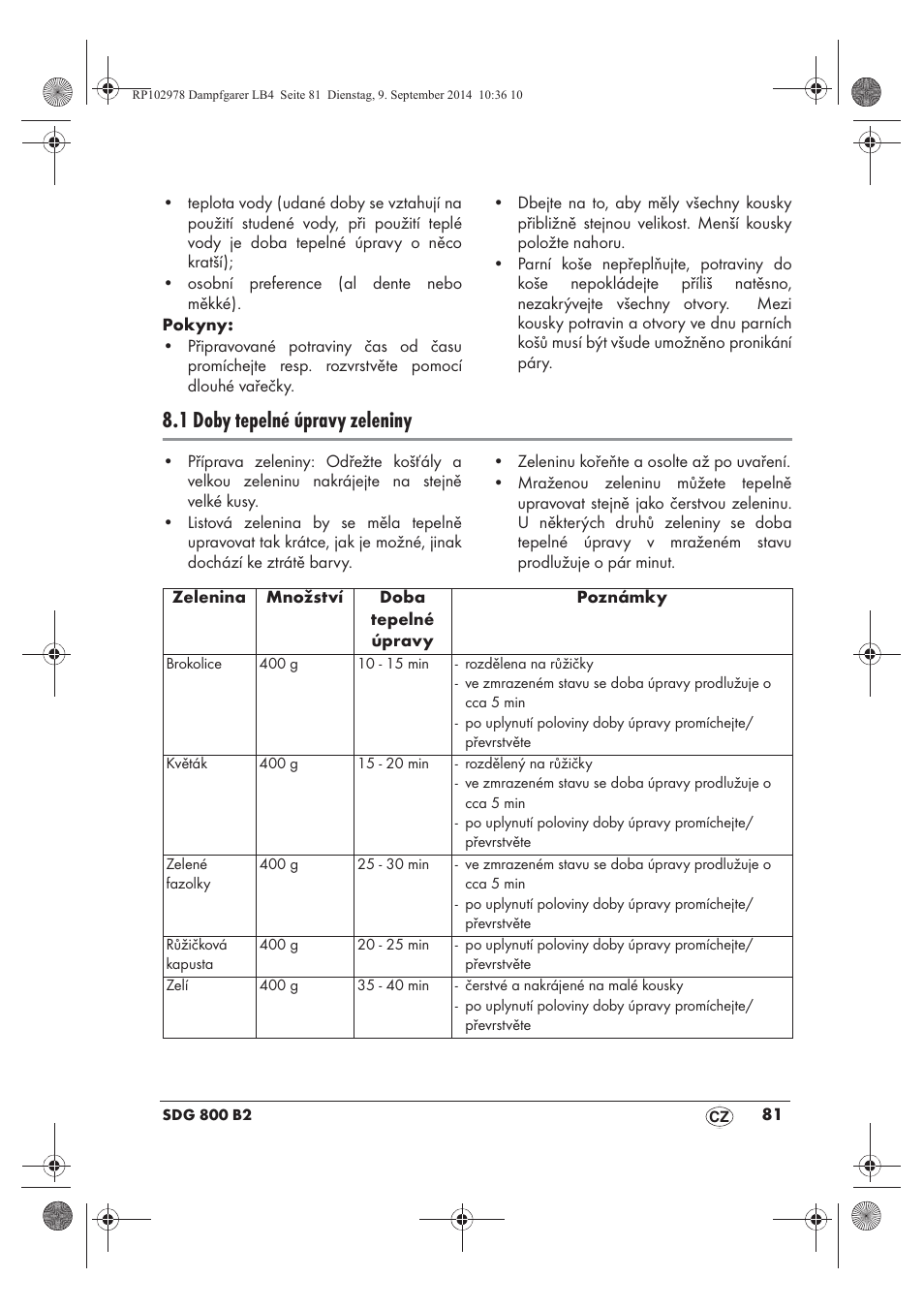 1 doby tepelné úpravy zeleniny | Silvercrest SDG 800 B2 User Manual | Page 83 / 130